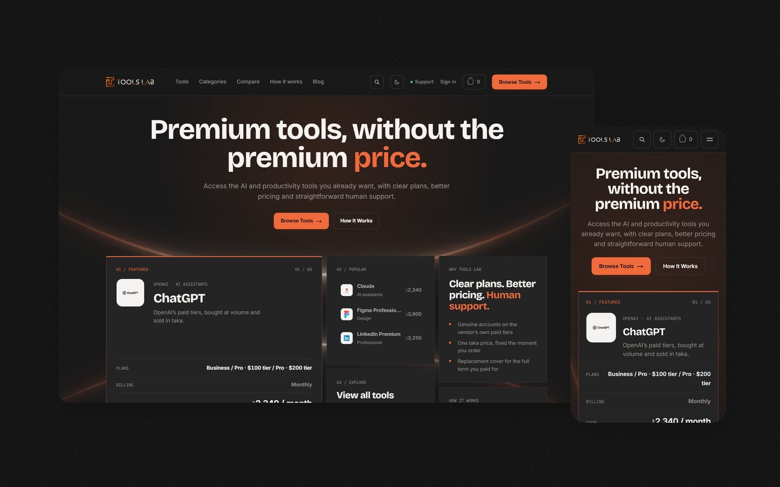 ToolsLab: live homepage on desktop and mobile