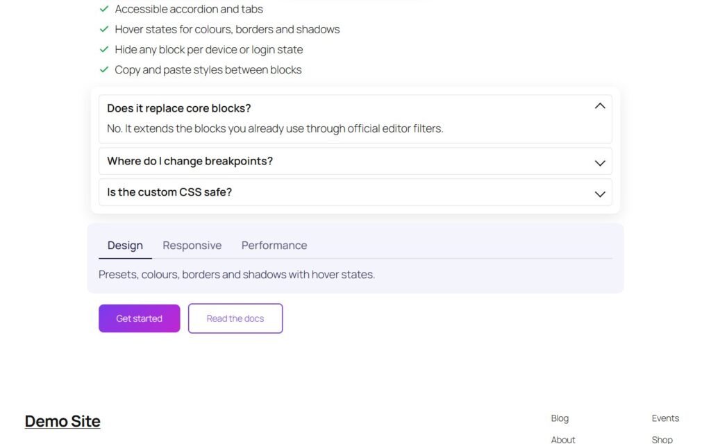 Accordion, tabs and button presets on the front end (demo page)