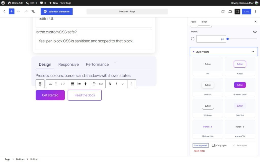 Button presets in the block editor