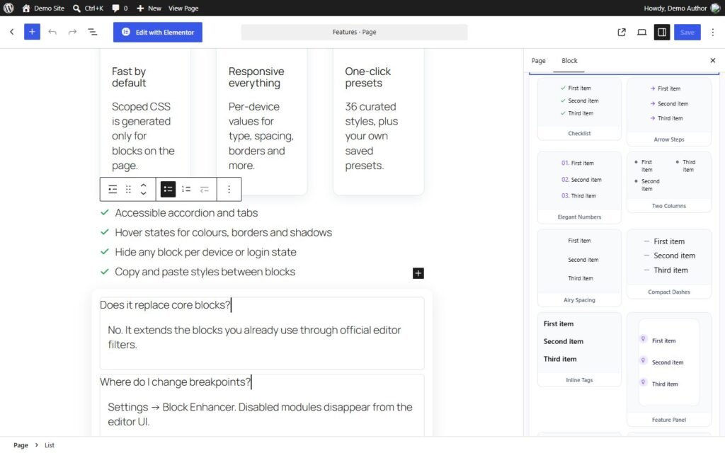 Style Presets panel for a List block