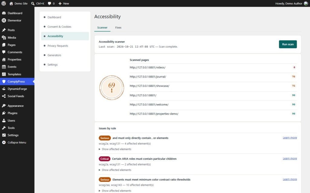 Accessibility scanner results, powered by axe-core (demo site)