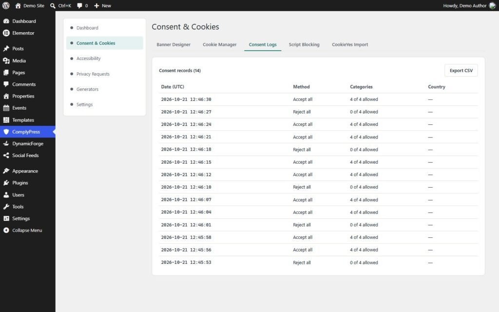 Consent logs with CSV export (demo data)