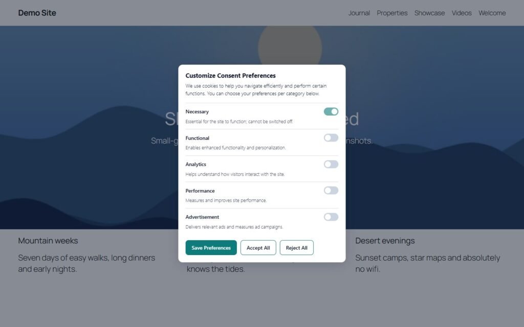 Visitor preference centre with consent categories (demo data)