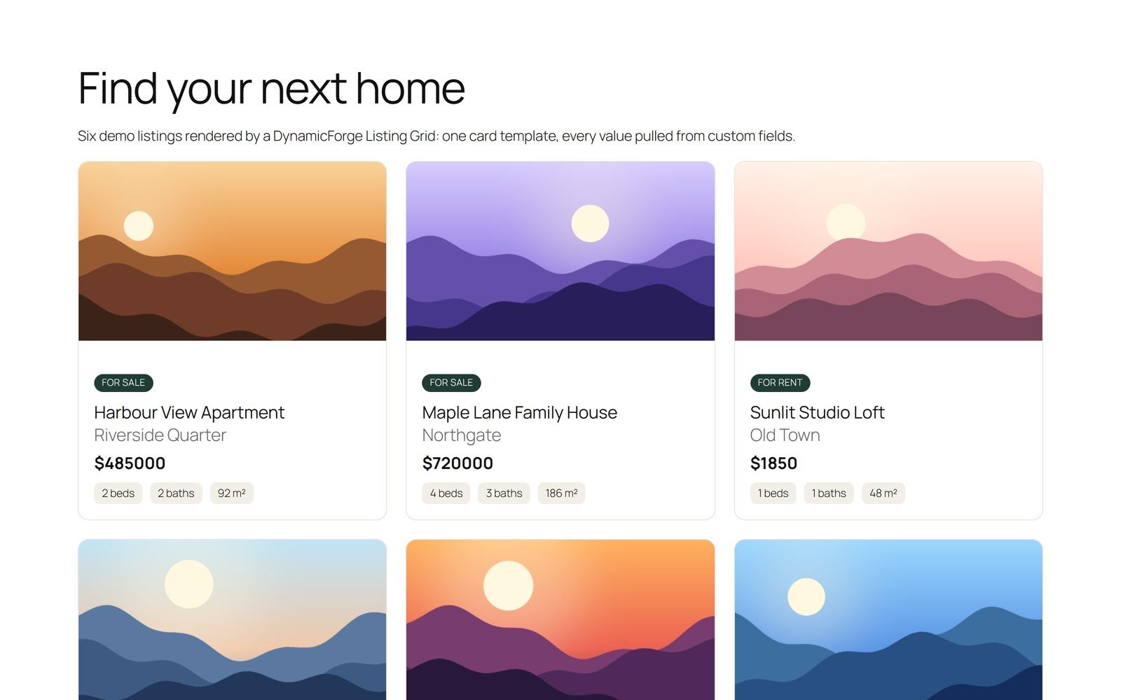 DynamicForge listing grid on a demo site