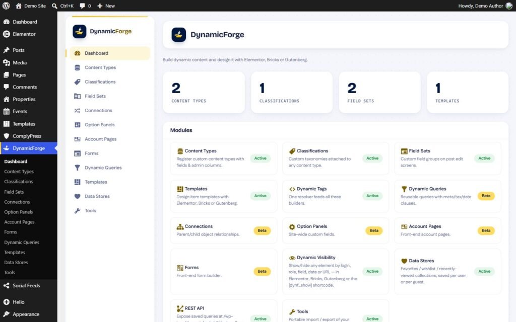 DynamicForge dashboard and modules