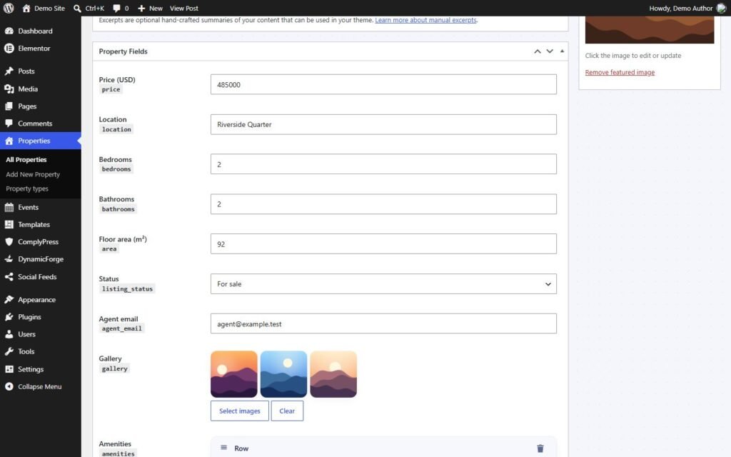 Custom fields on the edit screen (demo data)