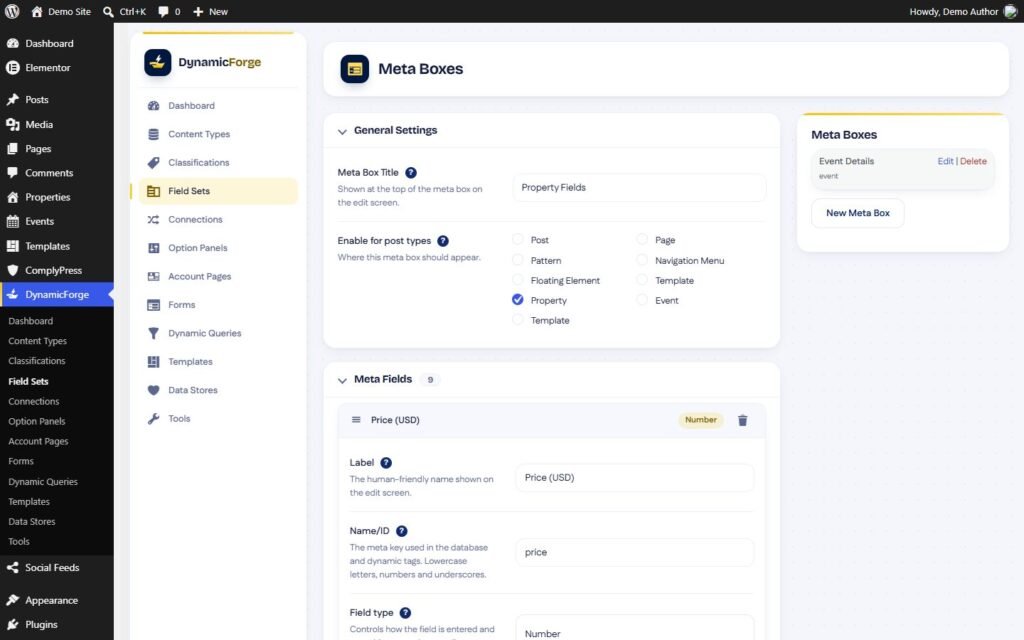 Field set editor for a custom post type