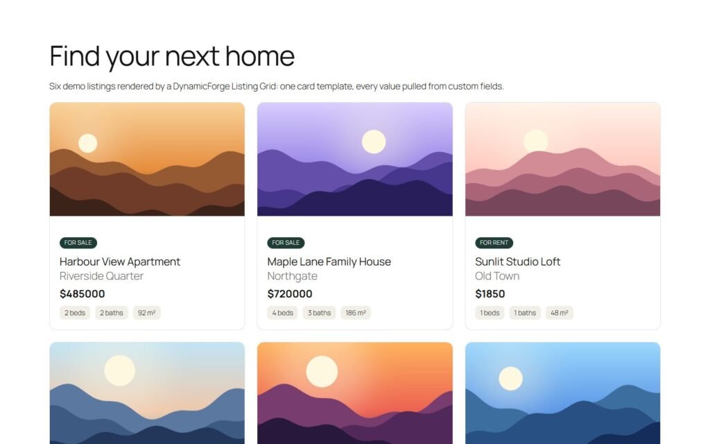 Listing Grid: one card template looped over a custom post type (demo data)
