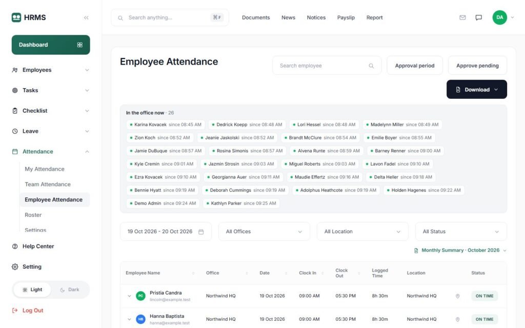 Live attendance and clock-in log (demo data)