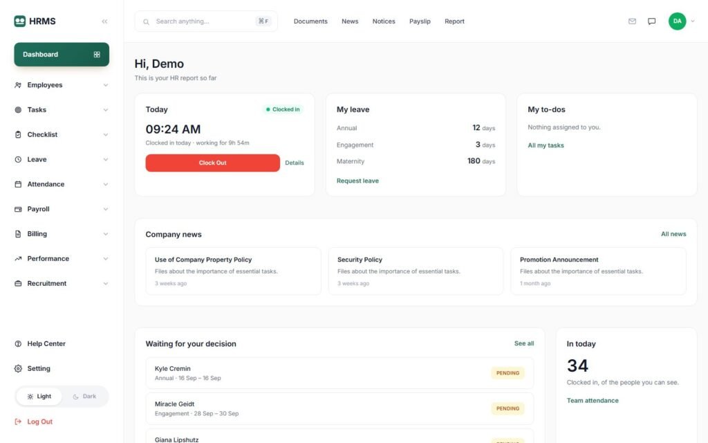 HR dashboard overview (demo data)