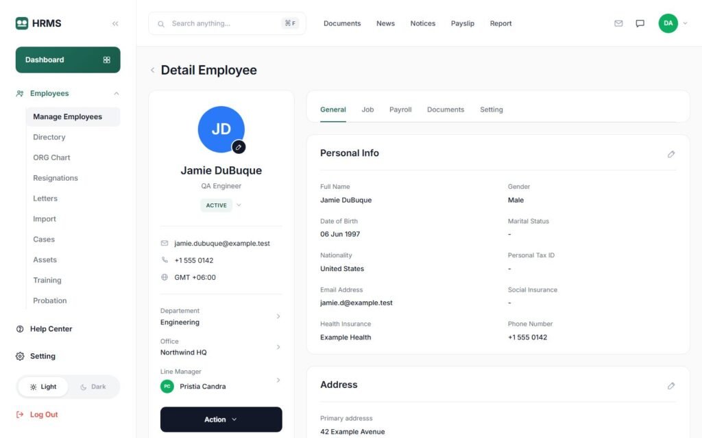 Employee profile with personal and job details (demo data)