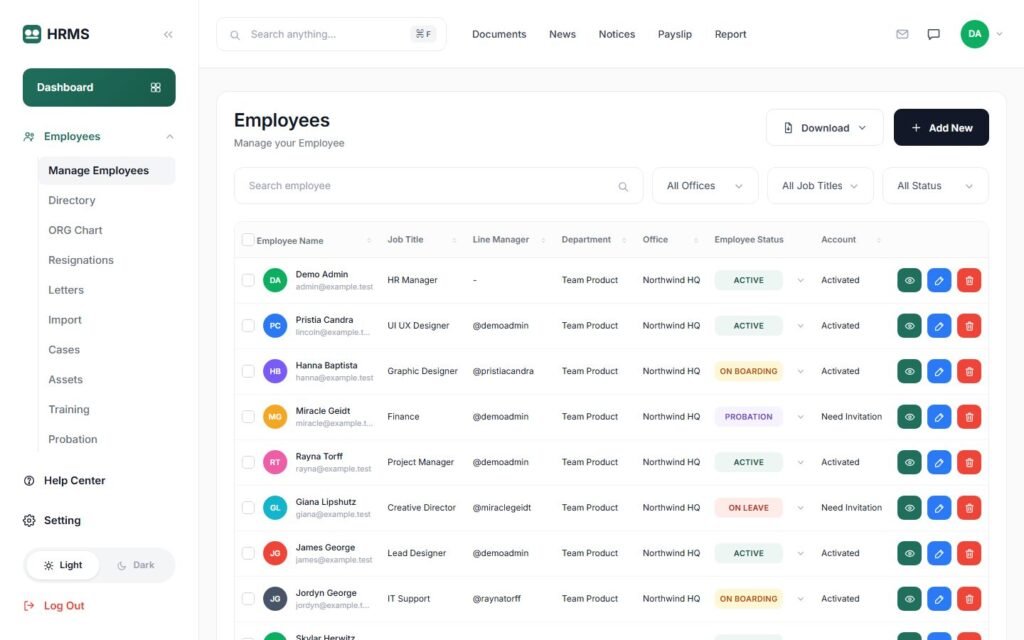 Employee list with status and account tracking (demo data)