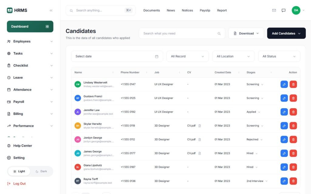 Recruitment candidates by hiring stage (demo data)