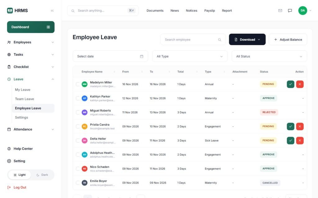 Leave requests with approve and reject (demo data)
