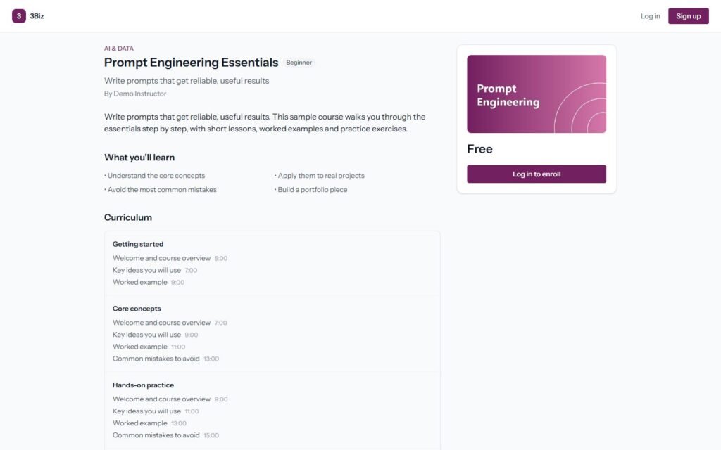 Course page with outcomes, curriculum and enrol card (demo data)