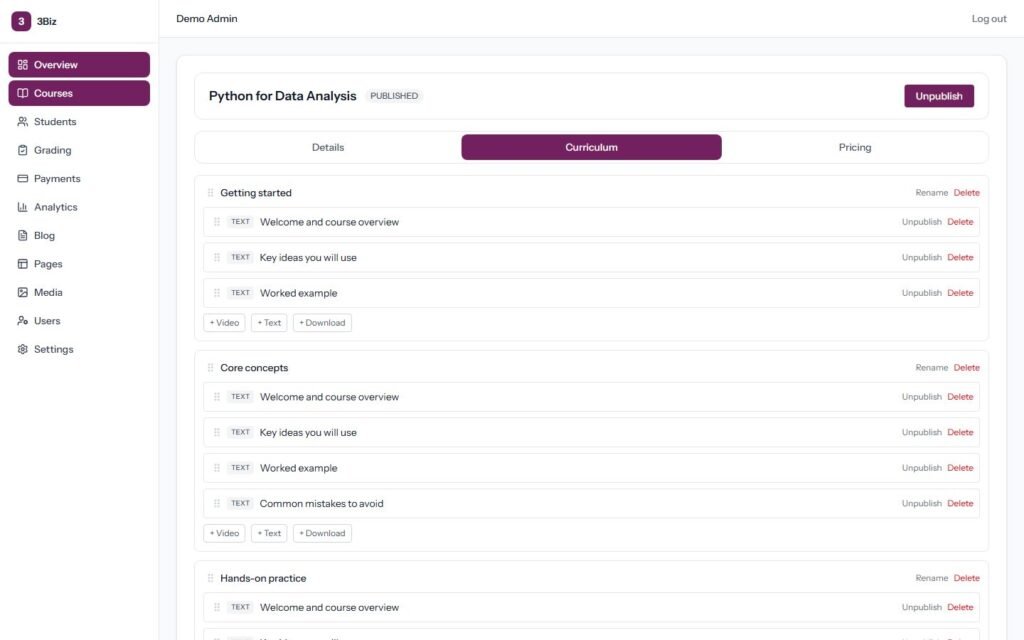 Course builder: curriculum tab (demo data)