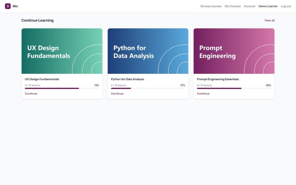 Learner home: continue learning with progress (demo data)
