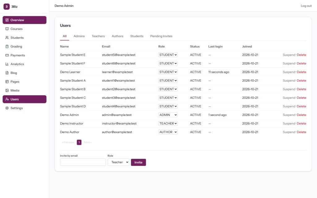 User management with roles and invites (demo users)