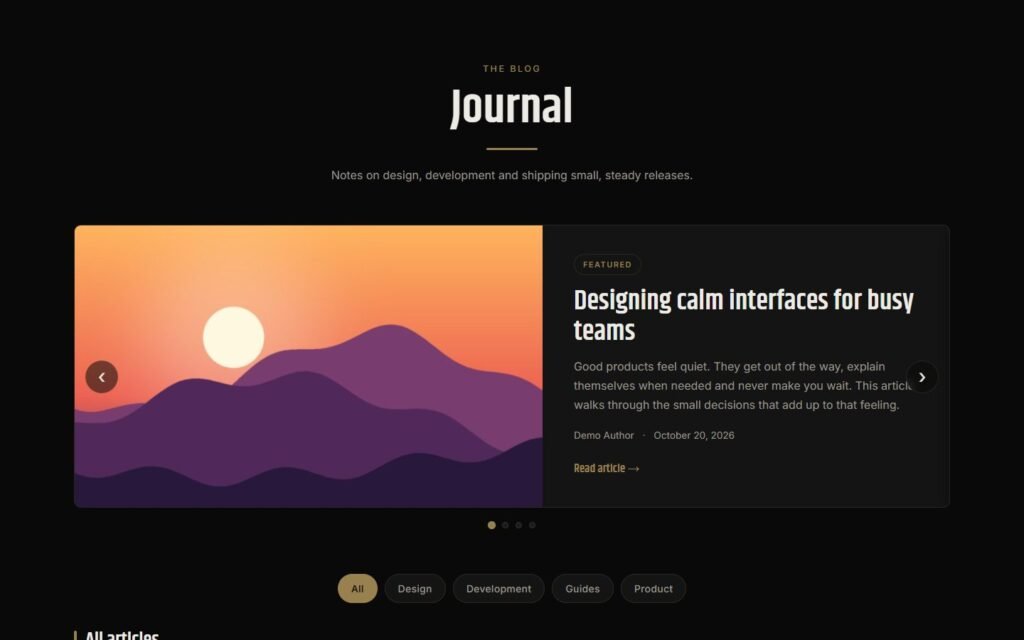 Modern Blog page with featured carousel (demo content)