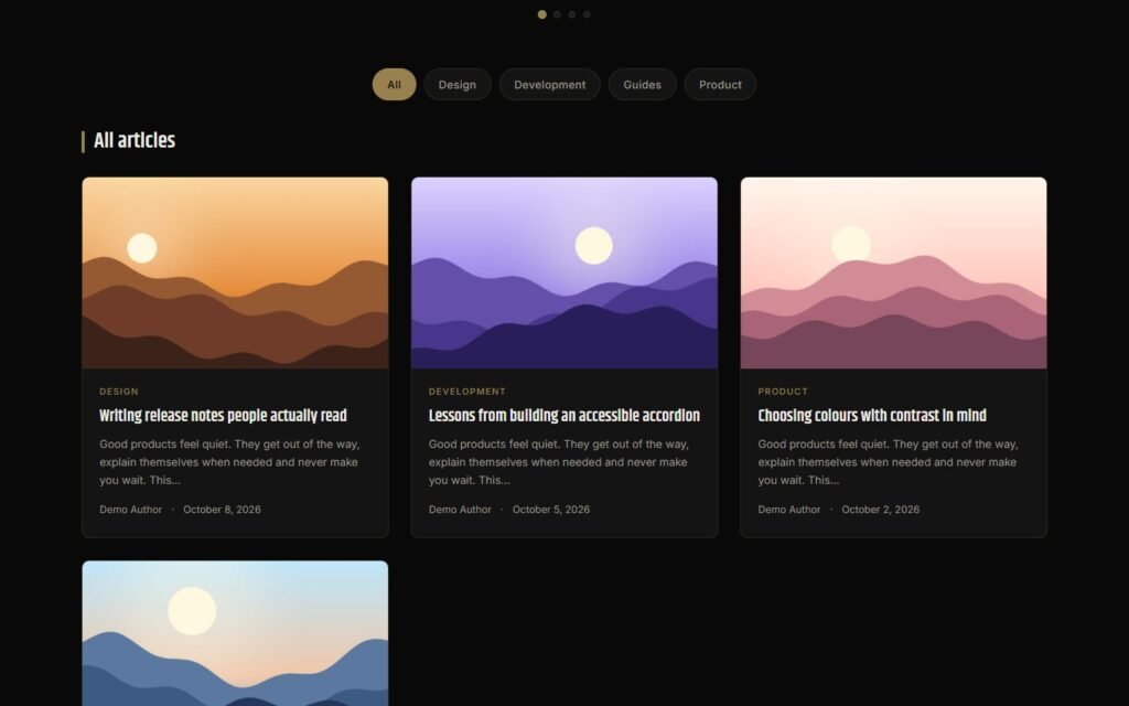 Category filter and article grid (demo content)