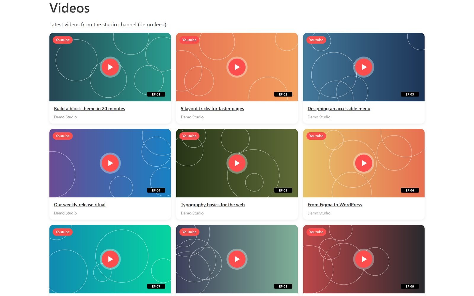 Social Feed Display video grid on a demo site
