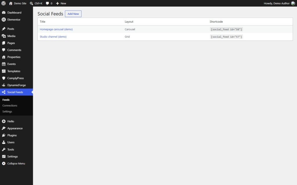 Feeds list with shortcodes