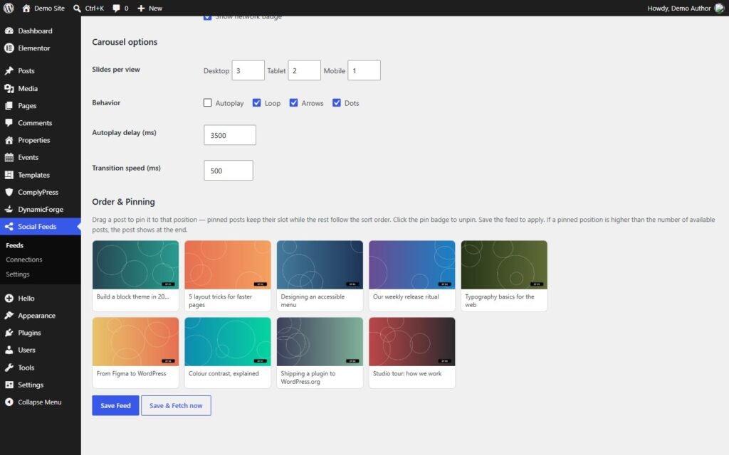Carousel options and drag-and-drop ordering board (demo feed)